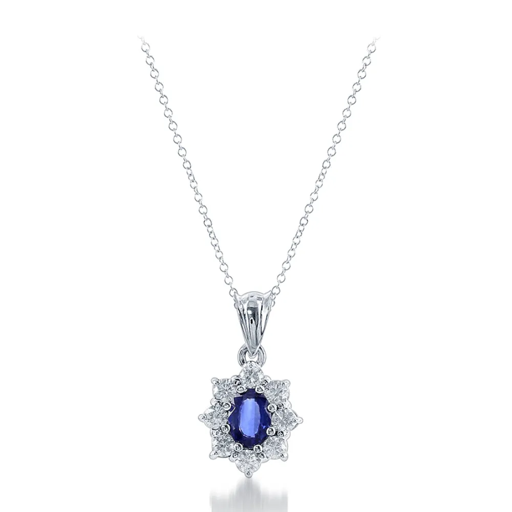 14K Gold Sapphire and Diamond Halo Pendant Necklace