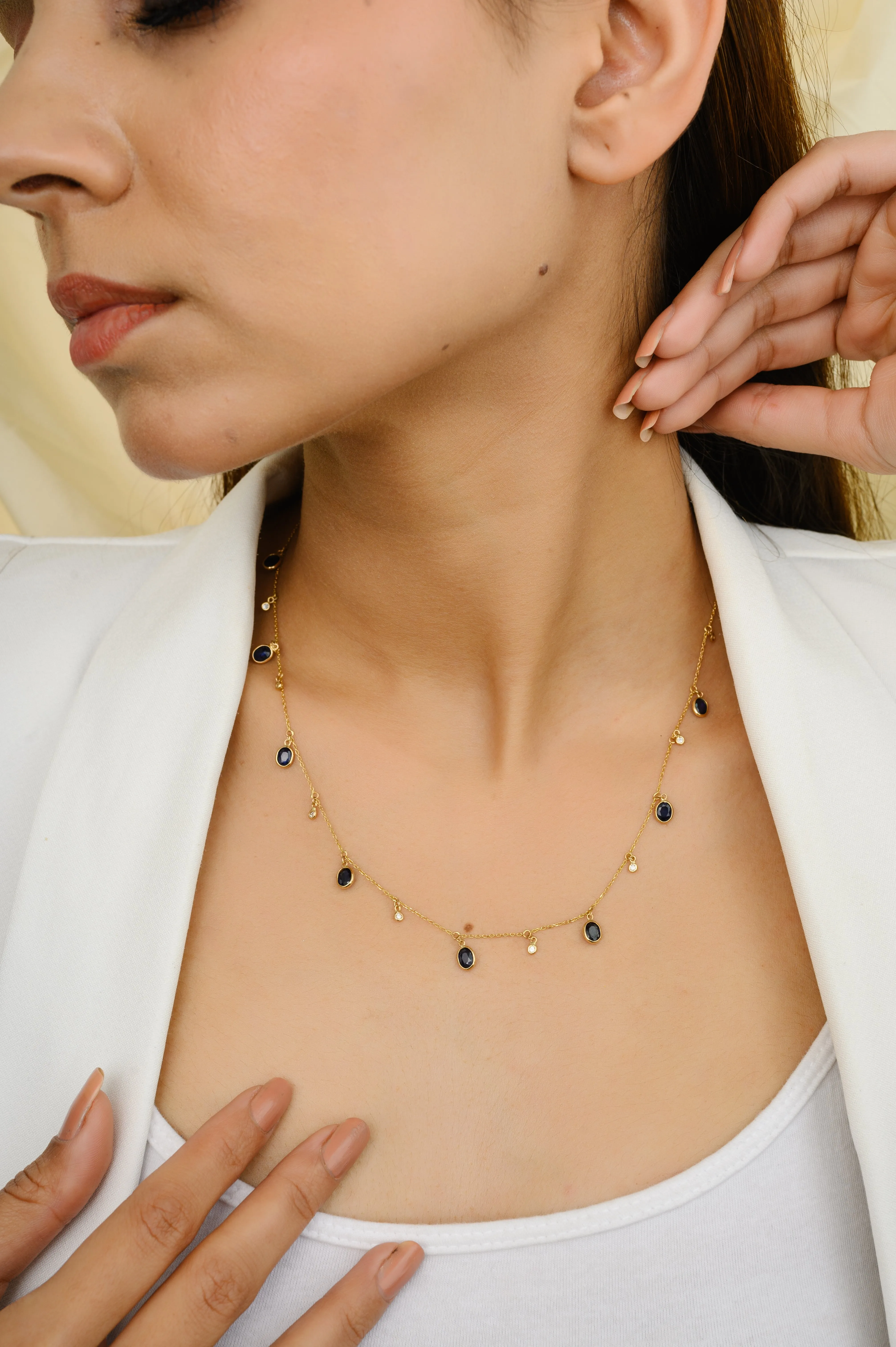 18K Blue Sapphire Charm Station Necklace