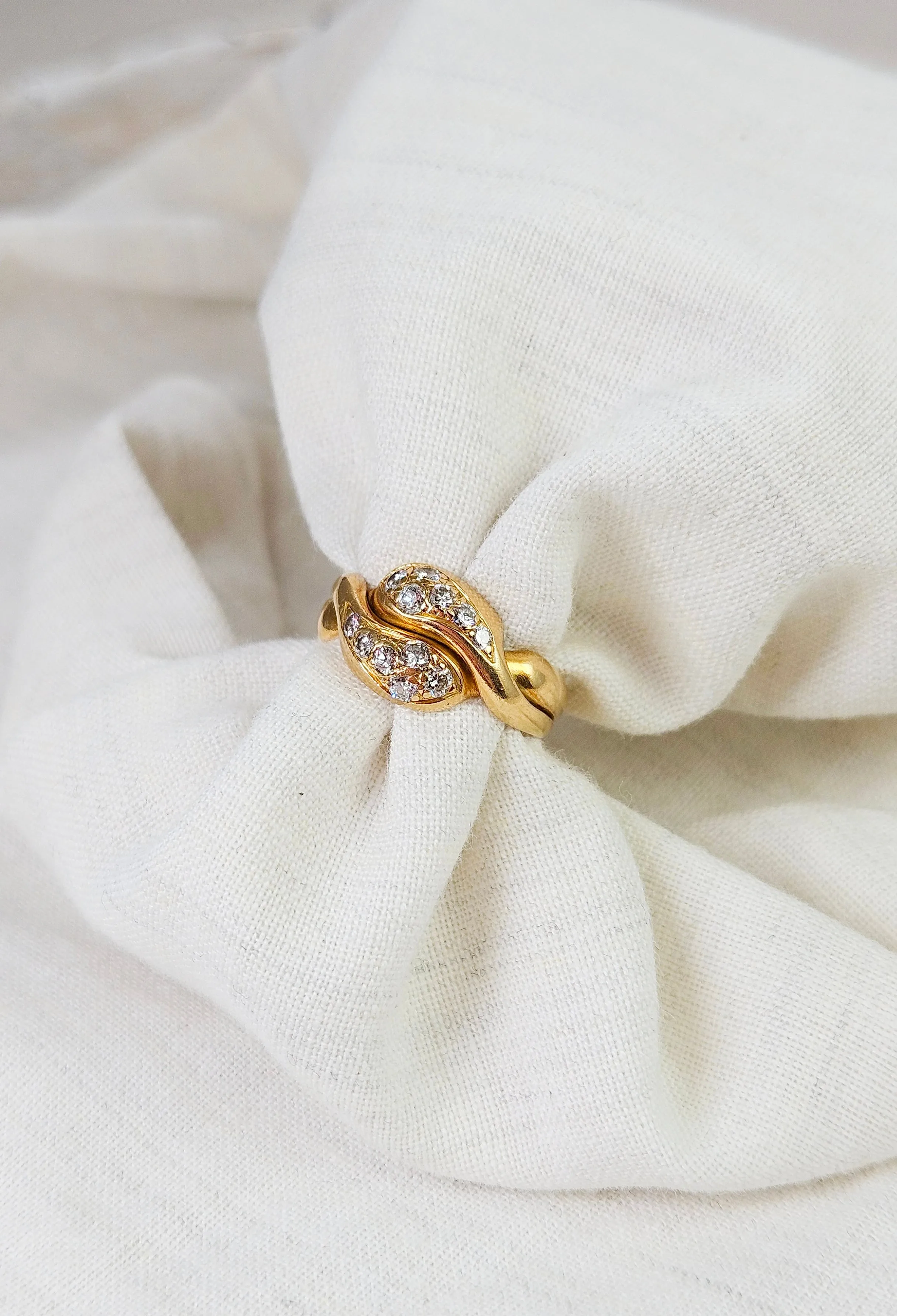 18K Yellow Gold Antique Diamond Pave Double Headed Snake Toi et Moi Ring Size 5 | Indulgems | Designs in Real Gold