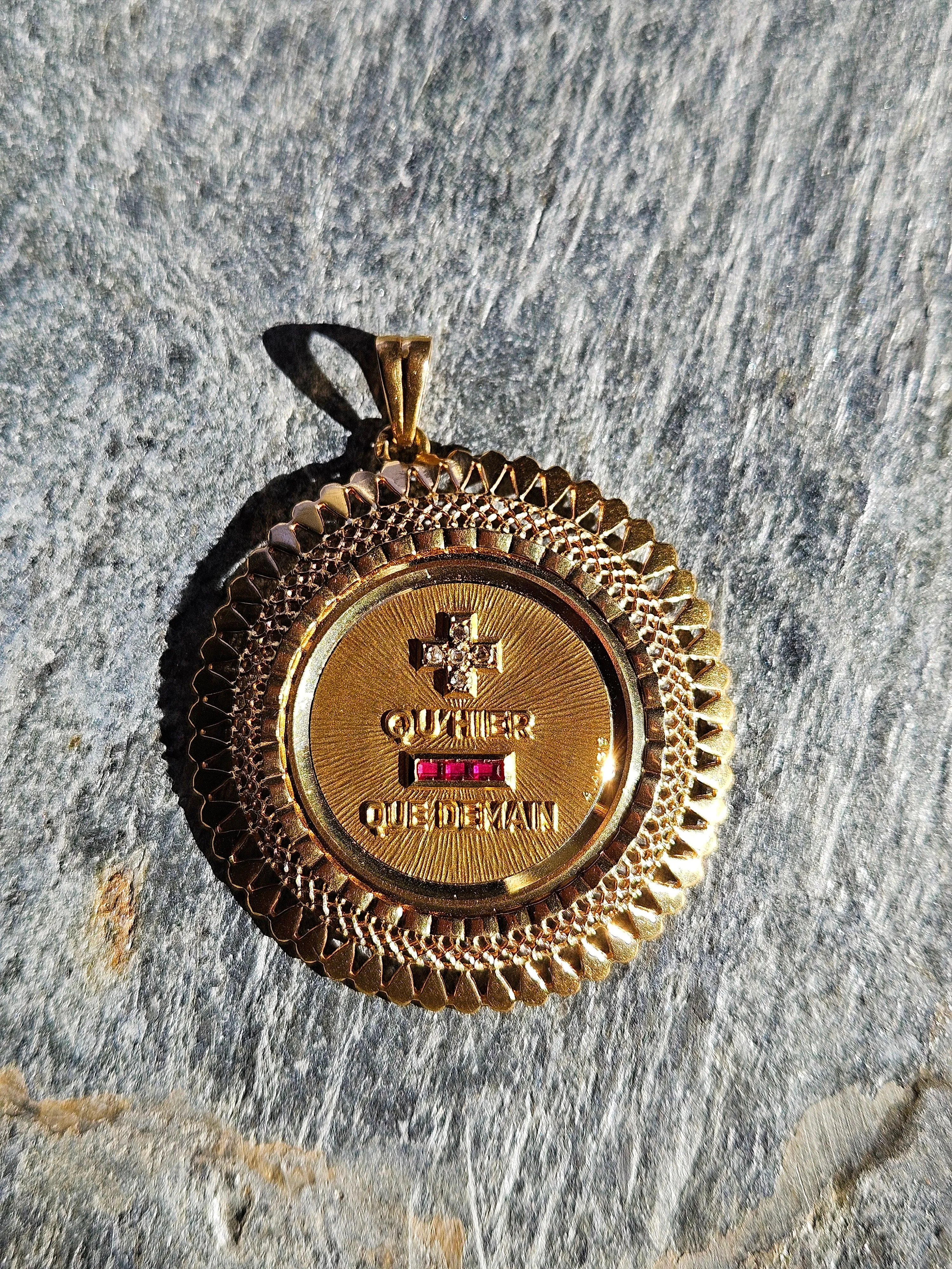 18K Yellow Gold RARE! LARGE! AUGIS Medallion Pendant with Ruby & Diamond | Antique Jewelry | Indulgems | Designs in Real Gold