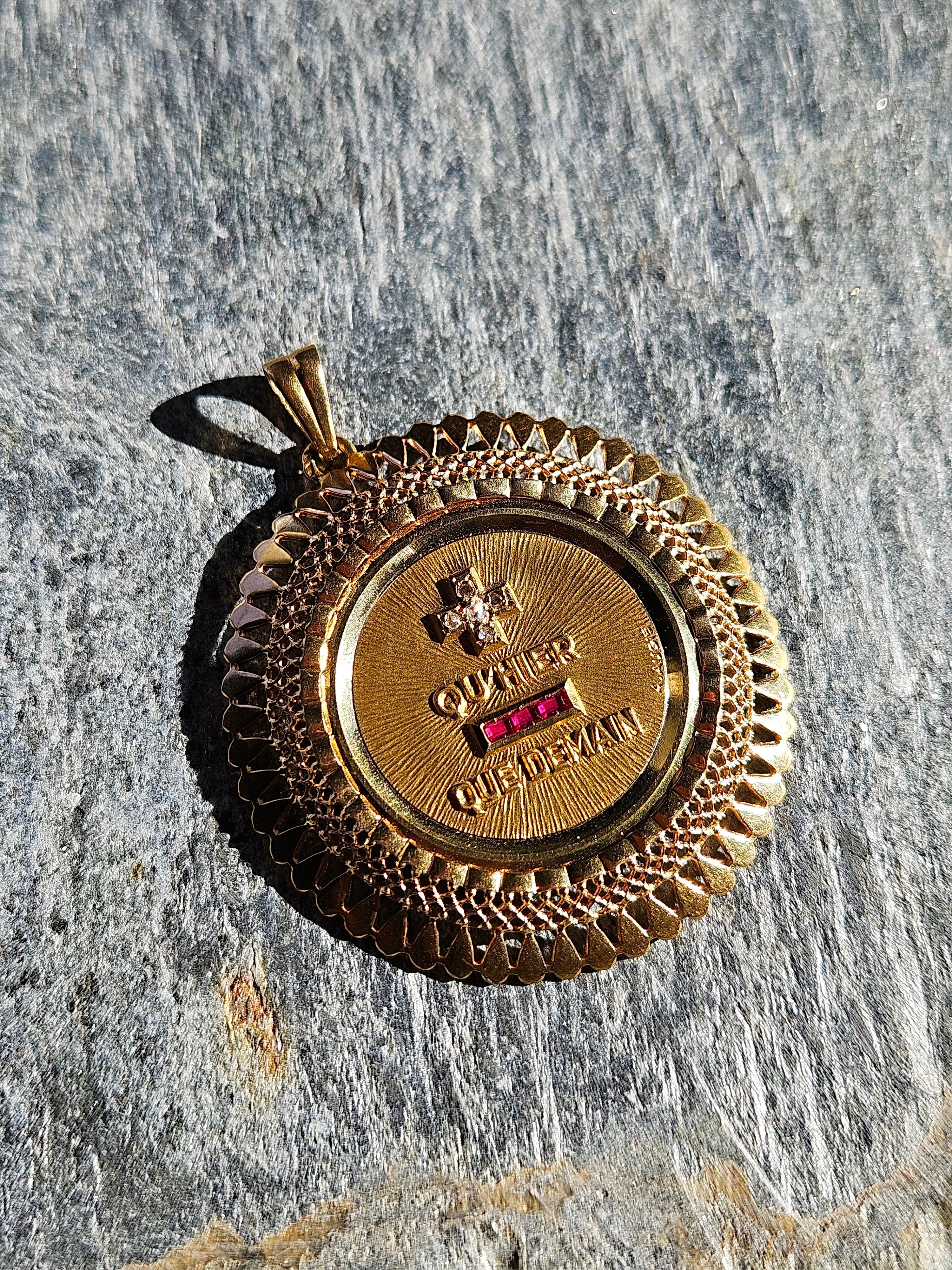 18K Yellow Gold RARE! LARGE! AUGIS Medallion Pendant with Ruby & Diamond | Antique Jewelry | Indulgems | Designs in Real Gold