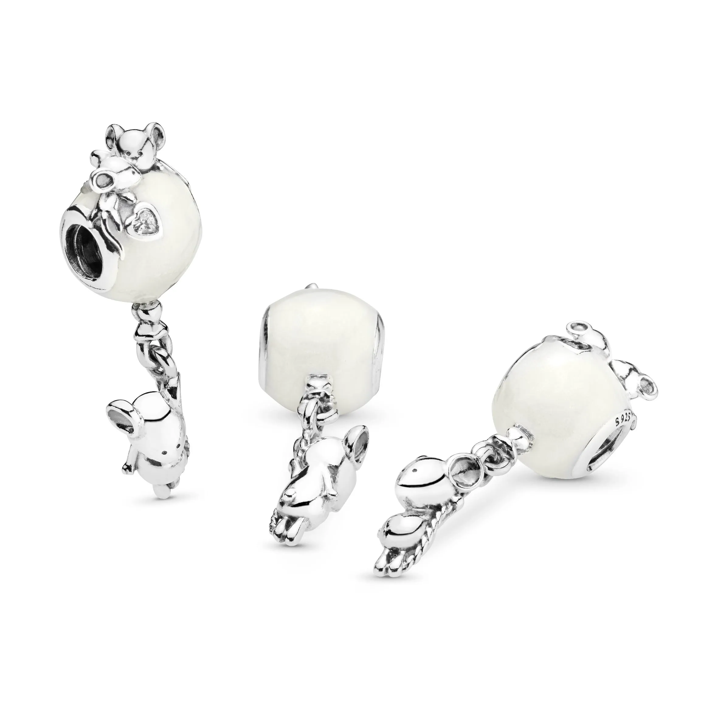 Balloon and mouse silver charm with silver enamel and clear cubic zirconia