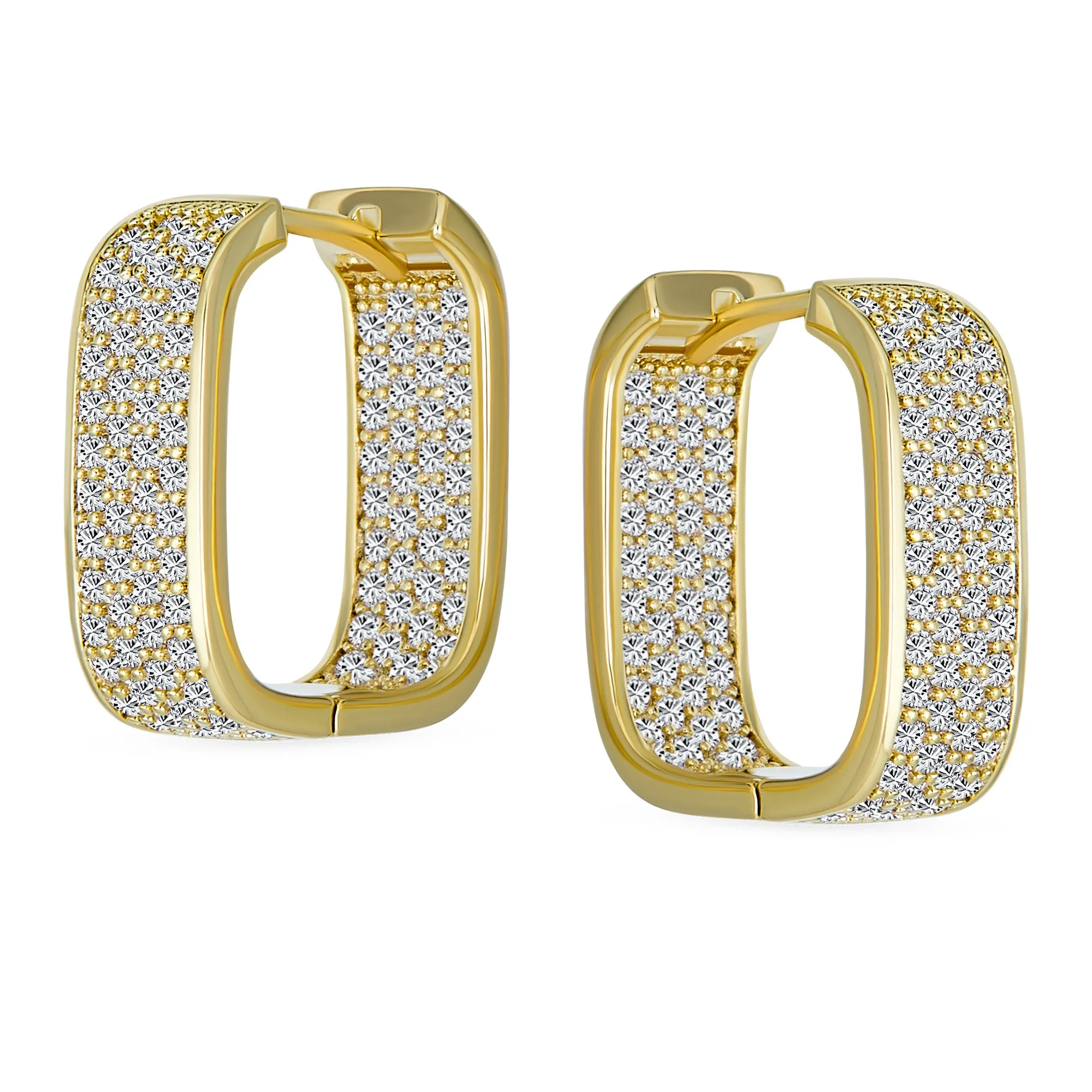 Bridal Pave CZ Rectangle Criss Cross Huggie Hoop Earrings Gold Silver Plated