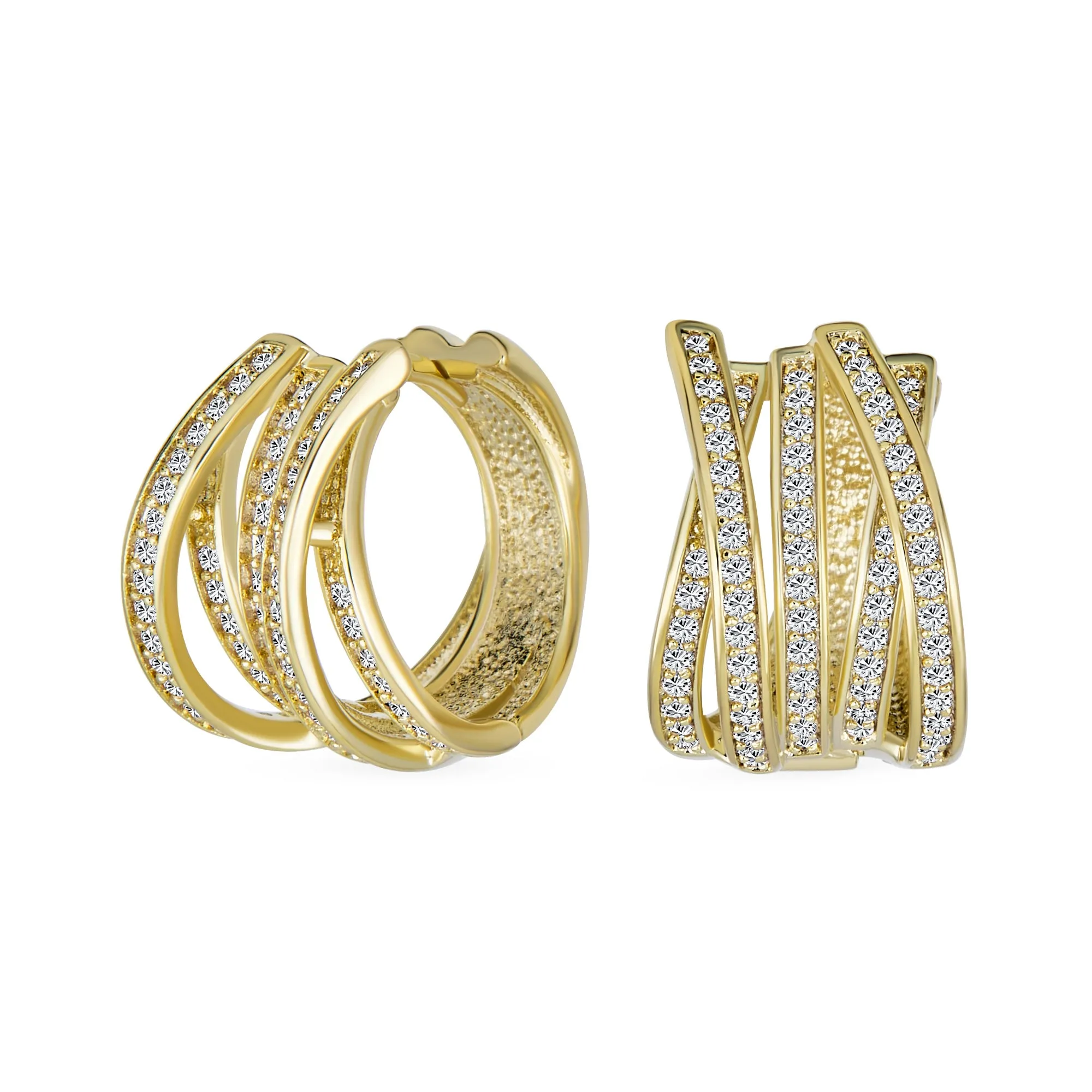 Bridal Pave CZ Rectangle Criss Cross Huggie Hoop Earrings Gold Silver Plated