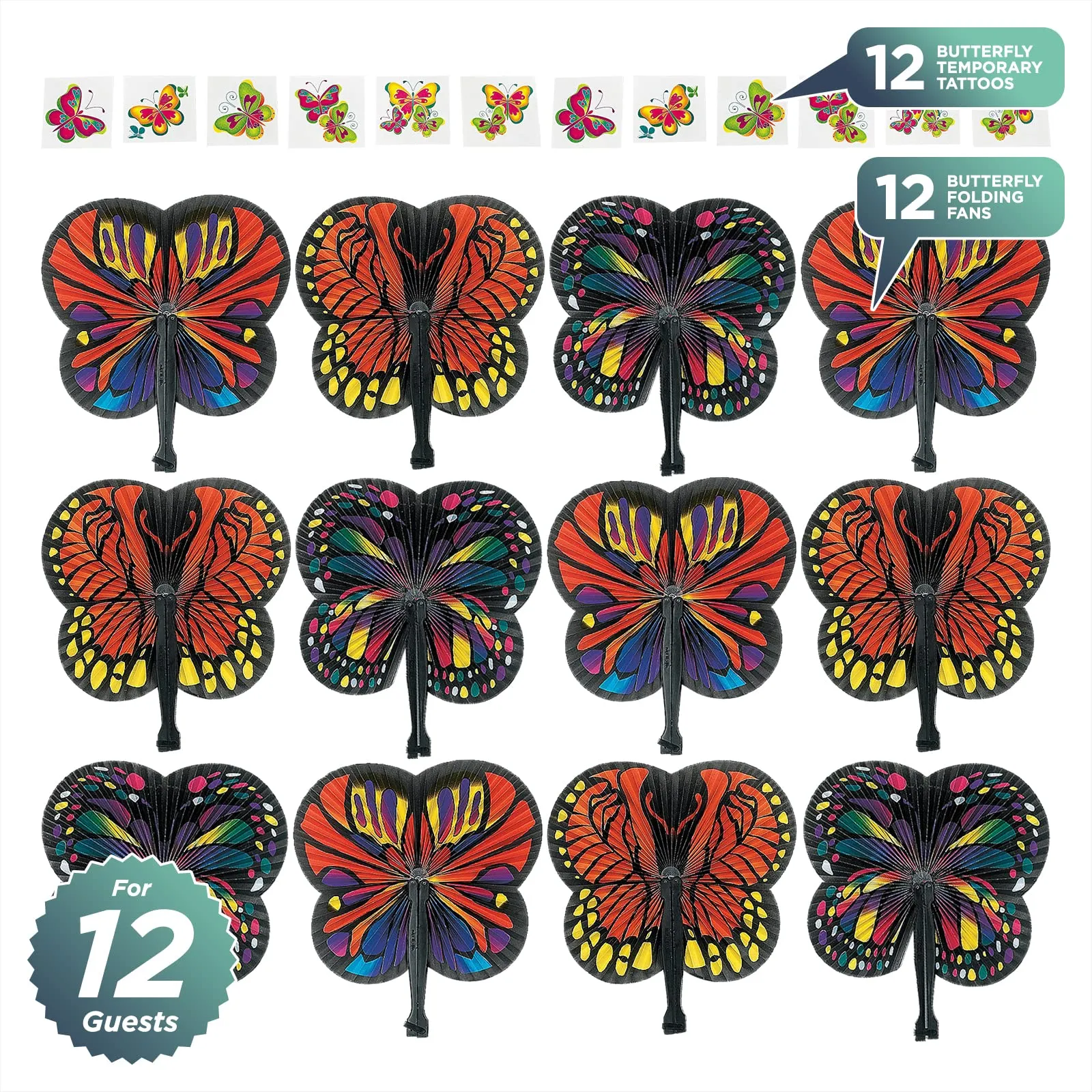 Butterfly Party Favors - Monarch Butterfly Paper Fans and Butterlfy Tattoos for 12 Guests