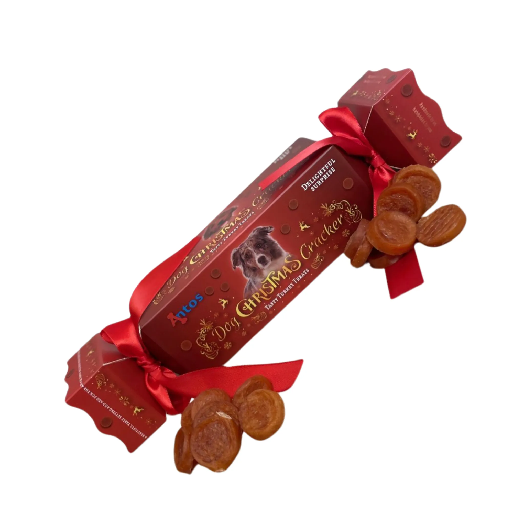 Christmas Cracker Full of Turkey Dog Treats, Decorated With Red Bows & Without The Frightening Bang