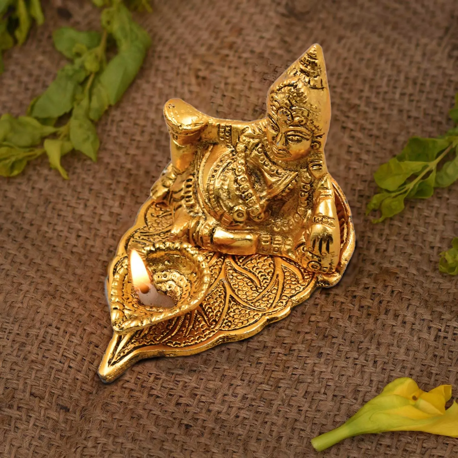 CraftVatika Return Gift for Women Kuber Idol with Diya Gift Metal Kuber on Leaf Idol for Pooja, Kuber Leaf Diya Idol for Money Home Pooja Vastu