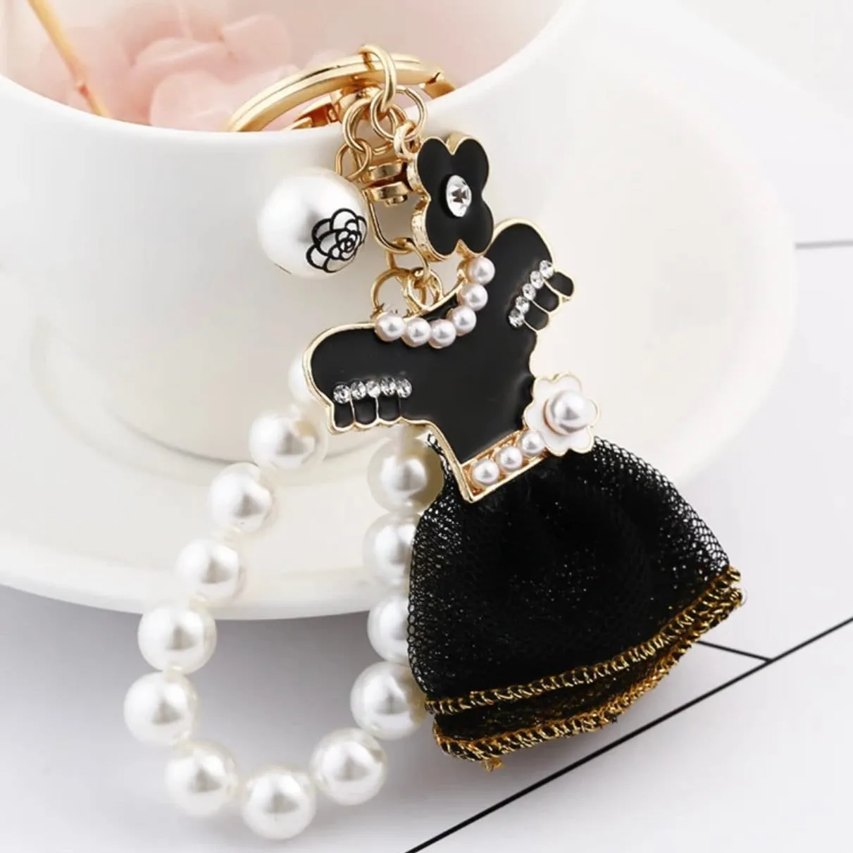 Crystal Rhinestone lovely shiny Little Black Dress Pearl Keychain