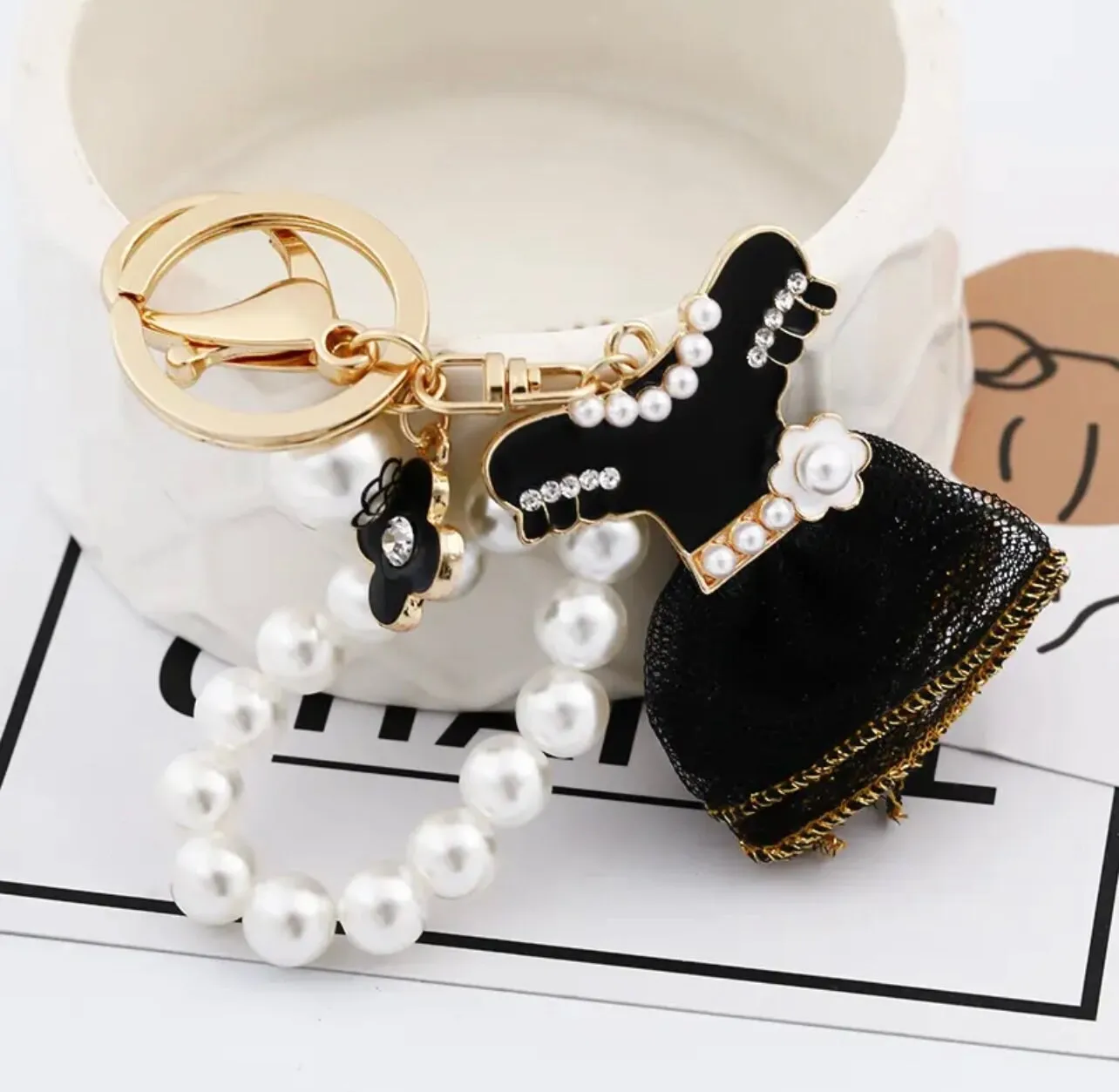 Crystal Rhinestone lovely shiny Little Black Dress Pearl Keychain