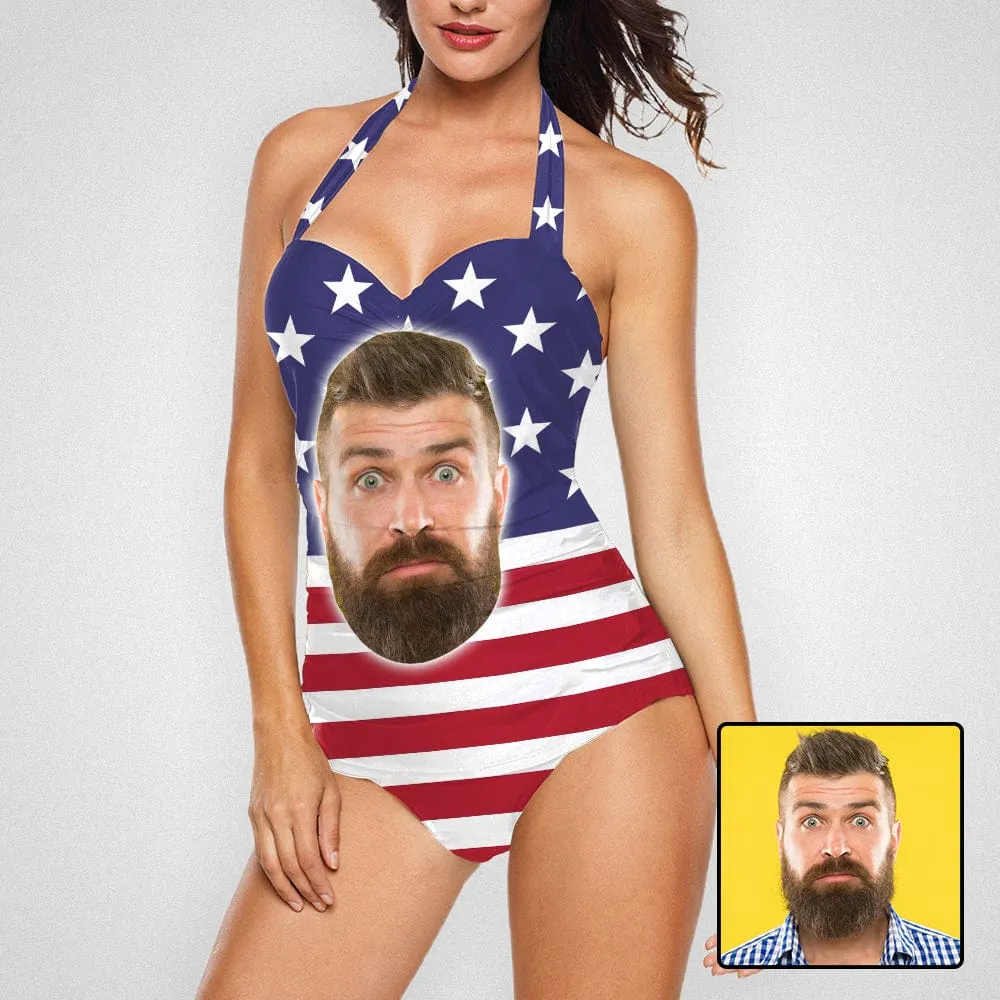 Custom Face Stars Stripes Strap Personalized One-piece Retro Bikini Swimsuit Custom One Piece Bathing Suits