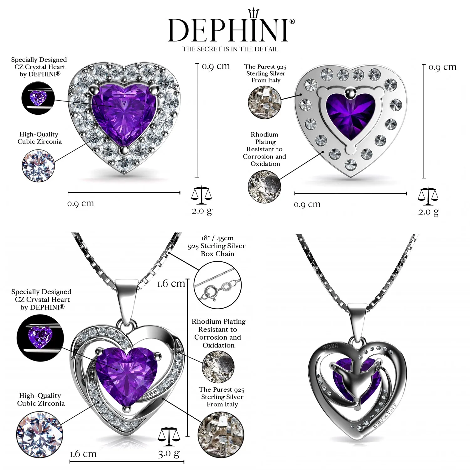 DEPHINI Purple Jewellery SET Heart Necklace & Heart Earrings Silver