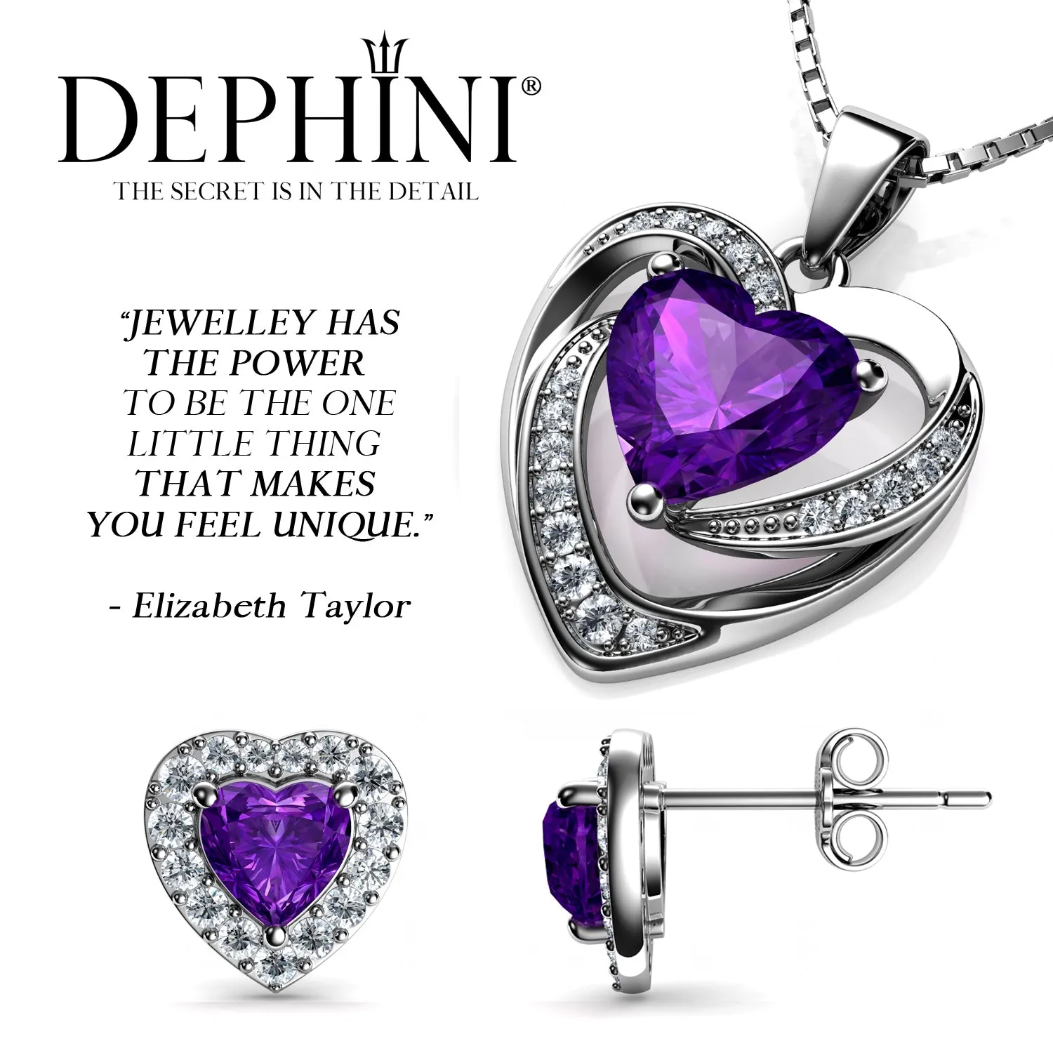 DEPHINI Purple Jewellery SET Heart Necklace & Heart Earrings Silver