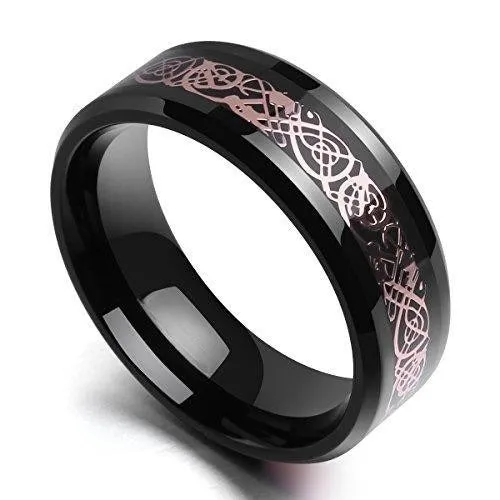 DRAGON 8mm Rose Gold Celtic Dragon Inlay Black Titanium Wedding Ring Band Comfort Fit