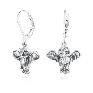 Flying Wise Owl Bird Dangle Necklace Earrings .925 Sterling Silver