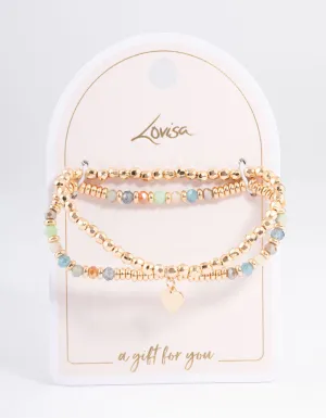 Gold Mixed Bead Heart Stretch Bracelet Pack