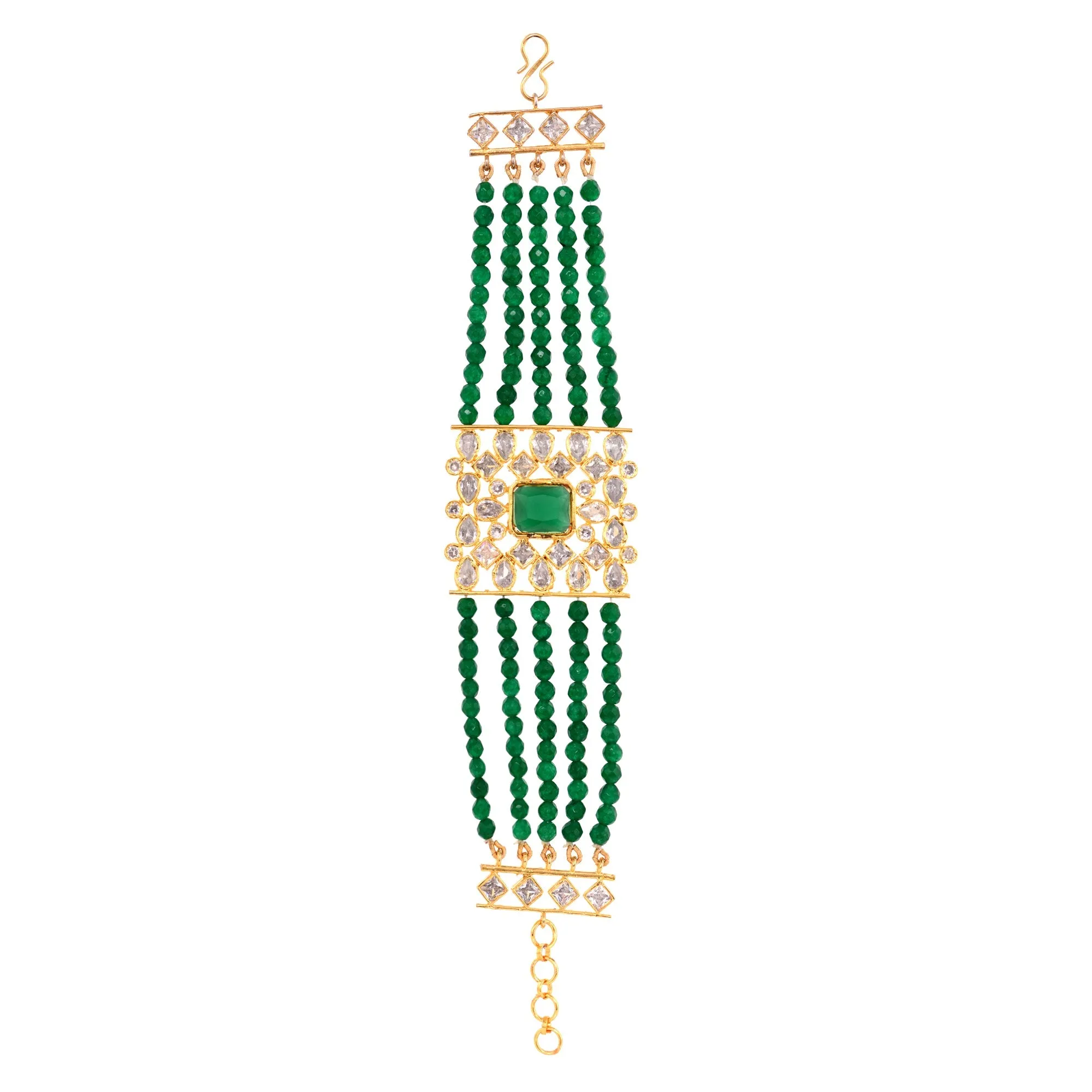 Gold Plated White Polki With Green Beads Wraparound Bracelet For Women And Girls - Saraf Rs Jewellery