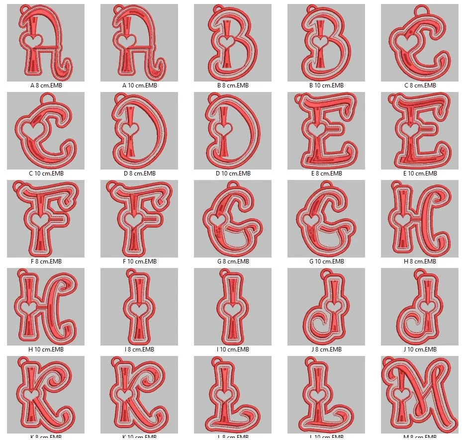 Heart Accent Alphabet Embroidery Pack – Romantic Monogram Letters with Heart Details