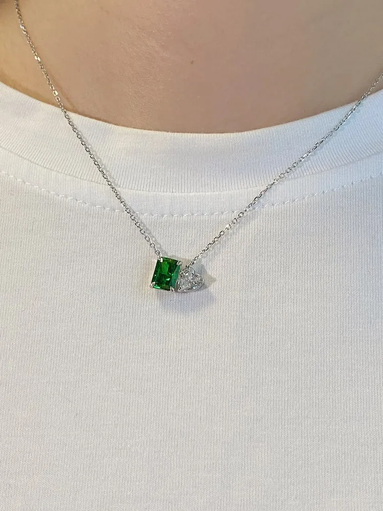 Heart Necklace 925 Sterling Silver Double Stone Emerald Cut Cubic Zirconia Simulated Diamond Dainty Womens Necklaces Fine Jewelry KESLEY