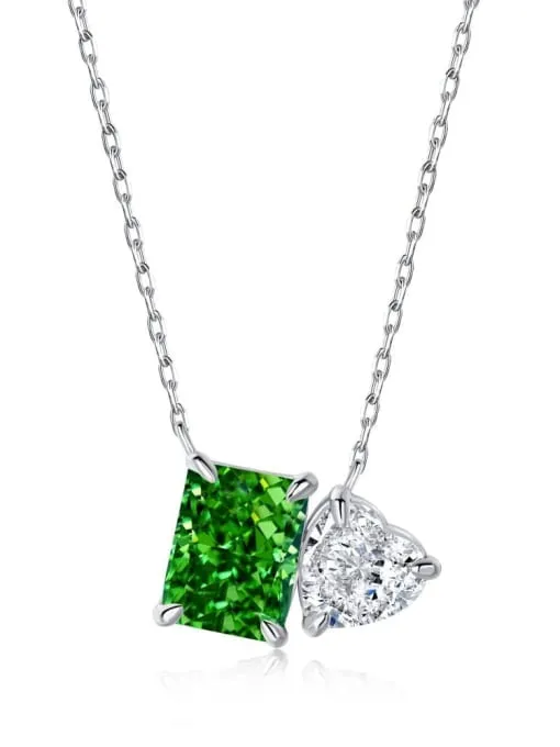 Heart Necklace 925 Sterling Silver Double Stone Emerald Cut Cubic Zirconia Simulated Diamond Dainty Womens Necklaces Fine Jewelry KESLEY