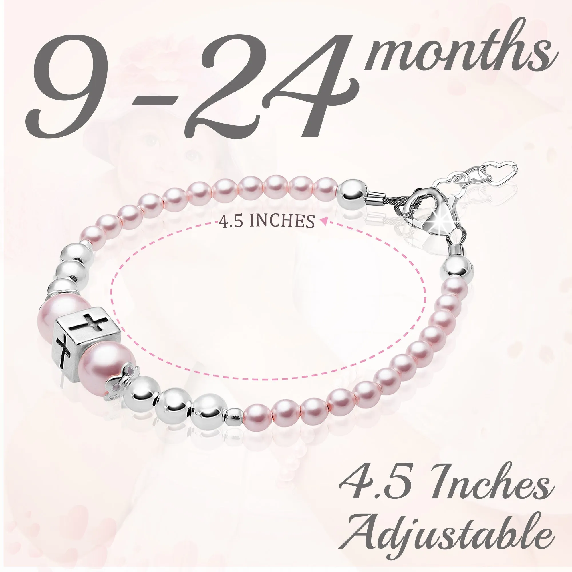 Infant Baby Girl Sterling Silver Beads Box Cross Pink Pearl Bracelet