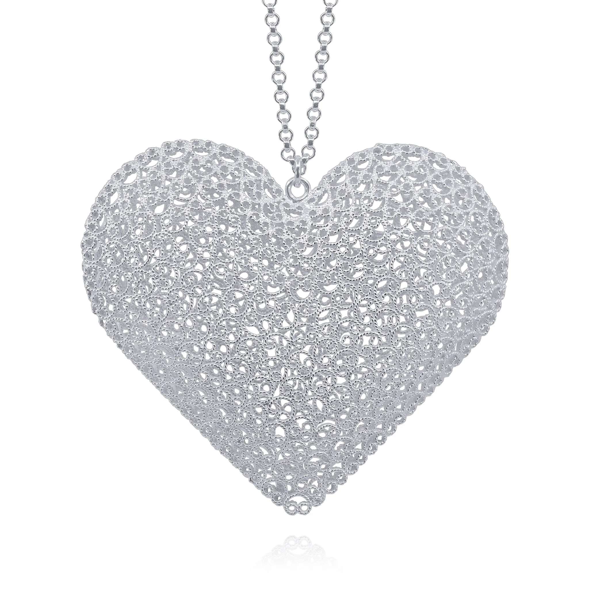 KATE SILVER LONG NECKLACE HEART FILIGREE