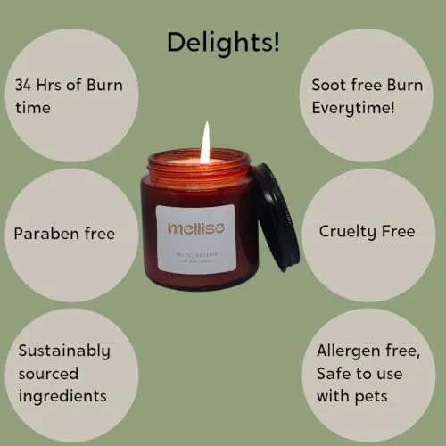 Mellise 200 gm Soy Wax Scented Candle in Glass Jar Sandalwood and Amber Fragrance Burn Time 34 Hrs, Luxury Gift, Aromatherapy Fragrance Candles for Home Decor