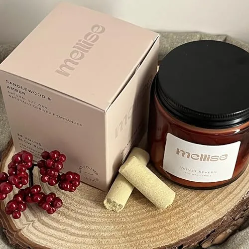 Mellise 200 gm Soy Wax Scented Candle in Glass Jar Sandalwood and Amber Fragrance Burn Time 34 Hrs, Luxury Gift, Aromatherapy Fragrance Candles for Home Decor