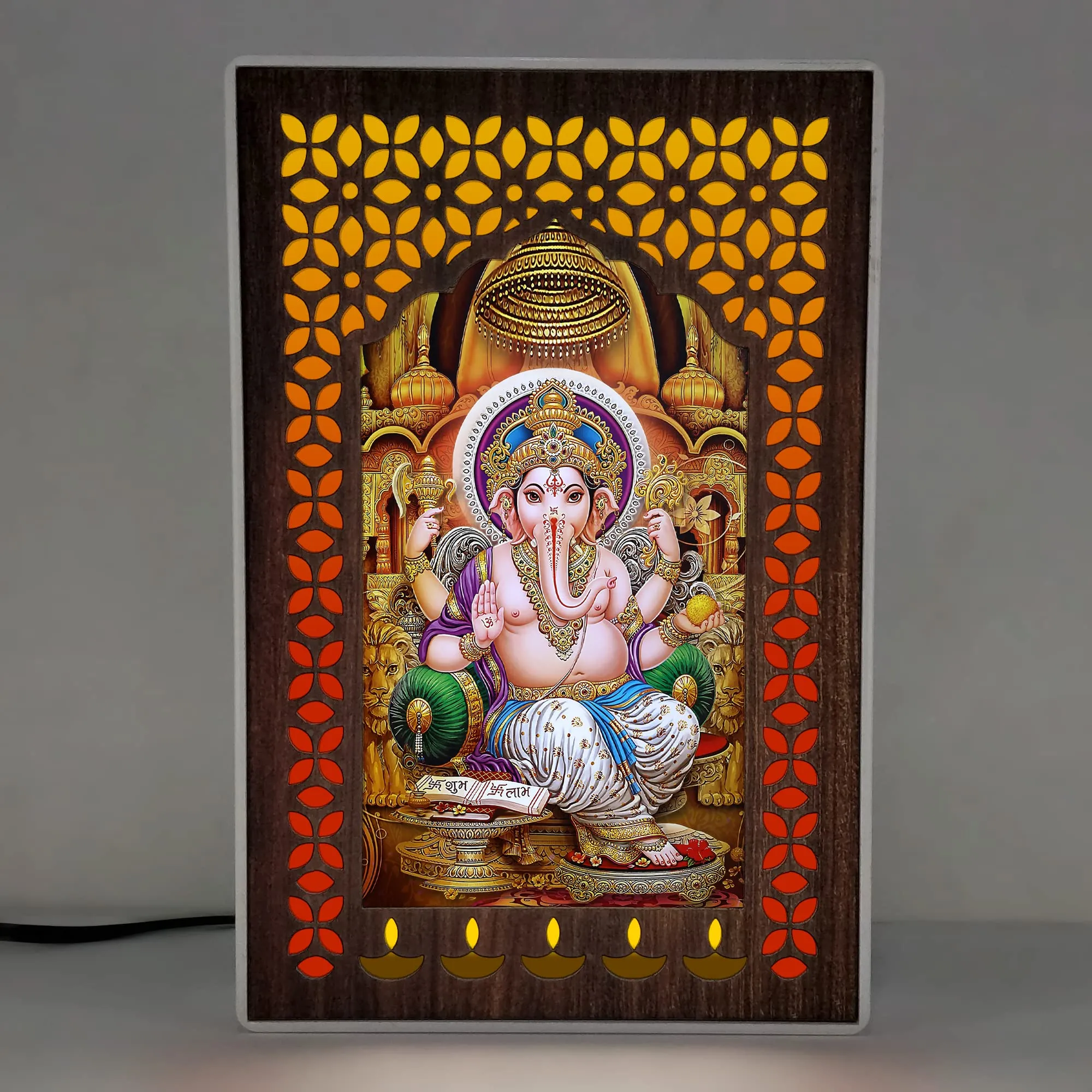 REGALOCASILA Shubh Labh Ganesh Ji Photo Frames With Light For Pooja Room Home Decor | Religious Frame | Temple Decoration Good Luck Gift | Office Décor White Cabinet Frame 5DGLF122