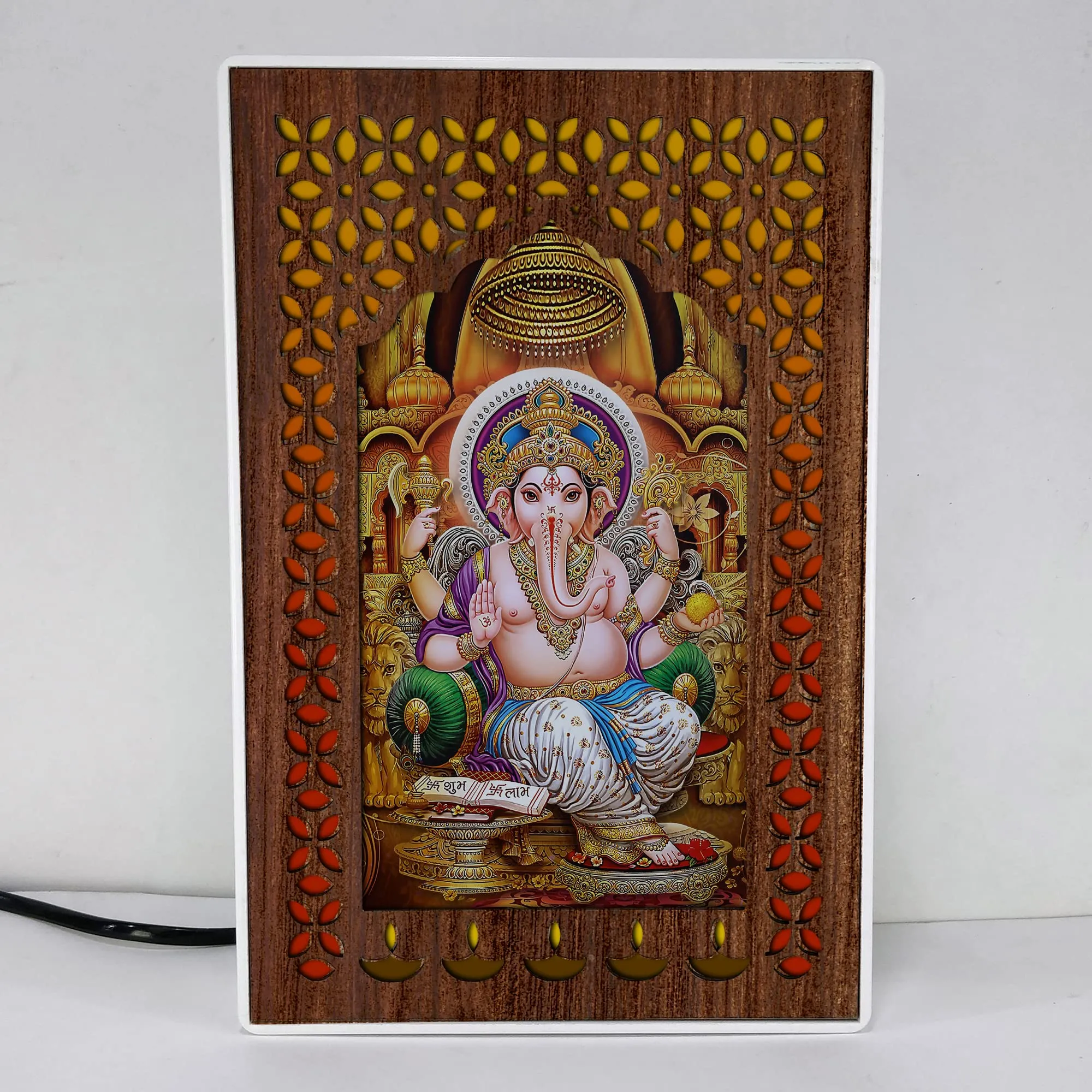 REGALOCASILA Shubh Labh Ganesh Ji Photo Frames With Light For Pooja Room Home Decor | Religious Frame | Temple Decoration Good Luck Gift | Office Décor White Cabinet Frame 5DGLF122