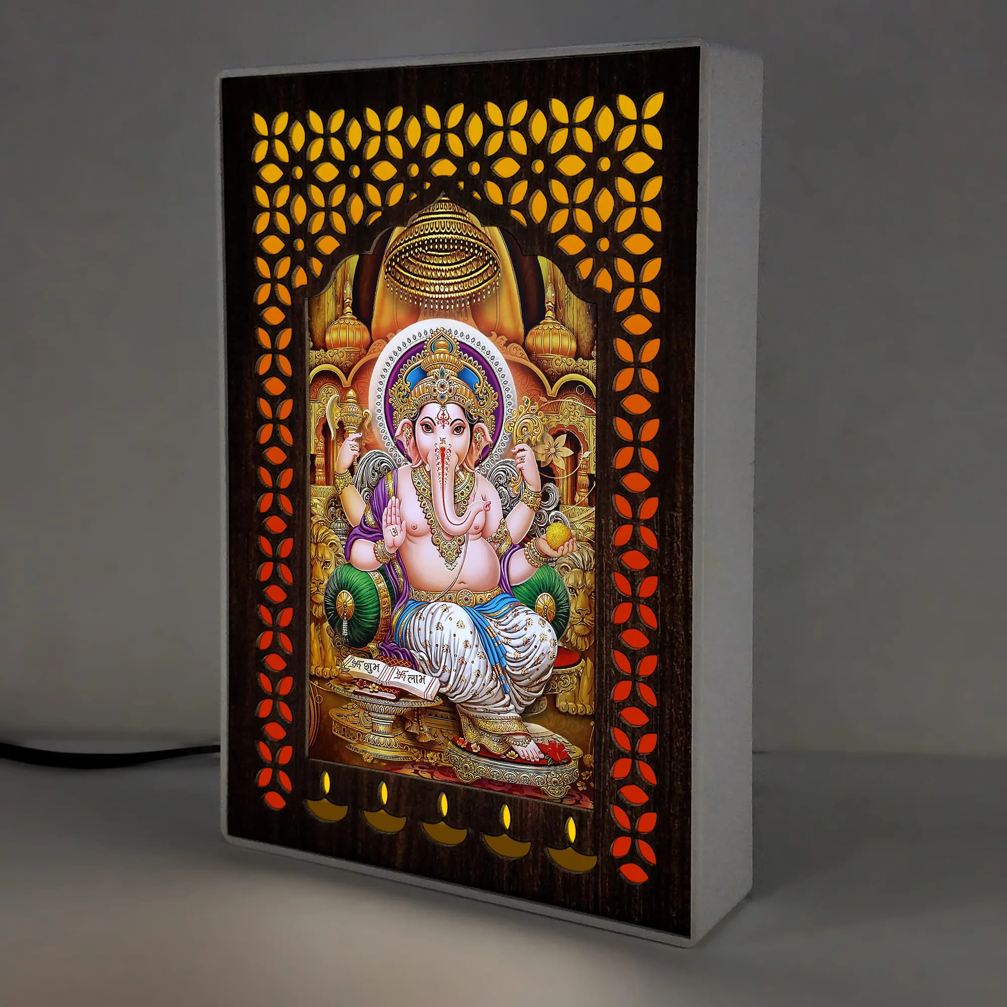 REGALOCASILA Shubh Labh Ganesh Ji Photo Frames With Light For Pooja Room Home Decor | Religious Frame | Temple Decoration Good Luck Gift | Office Décor White Cabinet Frame 5DGLF122