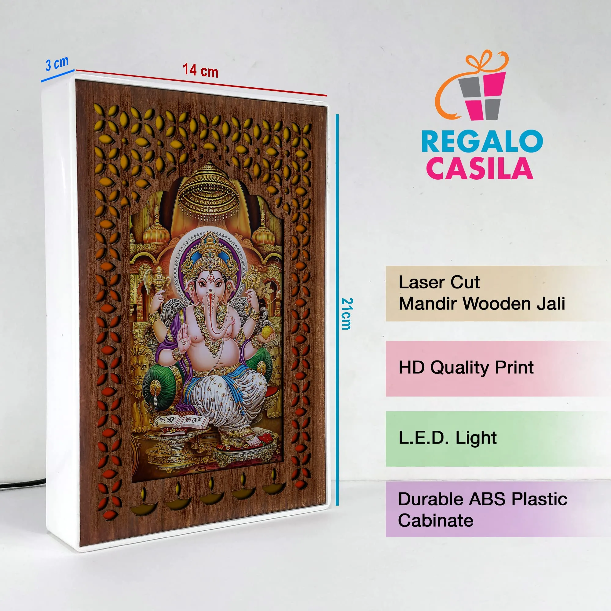 REGALOCASILA Shubh Labh Ganesh Ji Photo Frames With Light For Pooja Room Home Decor | Religious Frame | Temple Decoration Good Luck Gift | Office Décor White Cabinet Frame 5DGLF122