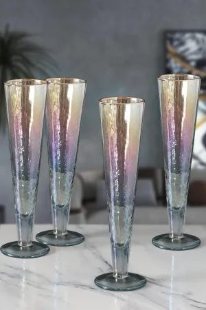 Set of 4 Iridescent Grey Hammered Champagne Flutes