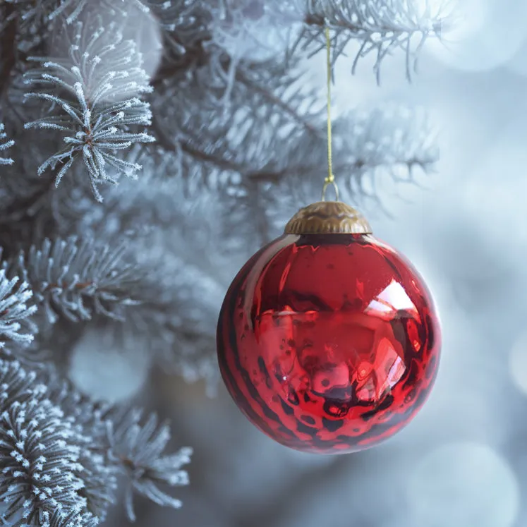 Set of 4 Red Mercury Glass Ornaments (3.15 Inch Antique Embossed Ball) - Perfect for Christmas Tree, Hanging Holiday Decoration, Gifts & Home Decor