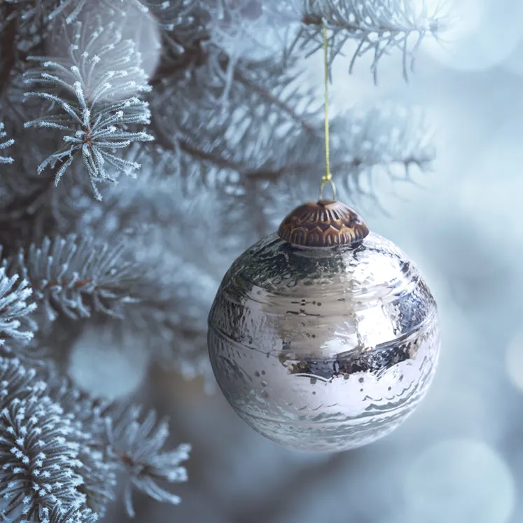 Set of 4 Silver Mercury Glass Ornaments (3.15 Inch Elegant Etched Ball) - Perfect for Christmas Tree, Hanging Holiday Decoration, Gifts & Home Decor