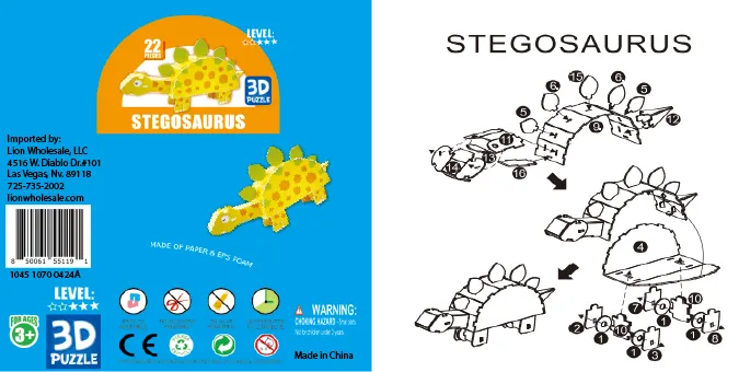 Stegosaurus 3D Puzzle |Fits Perfectly In The Bottom of a Shoebox!