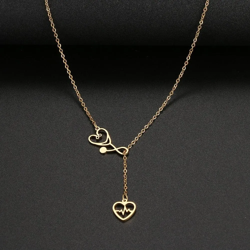 Stethoscope Stainless Steel Necklaces Electrocardiogram Pendant Collar Chain Fashion Necklace For Woman Jewelry Best Gifts